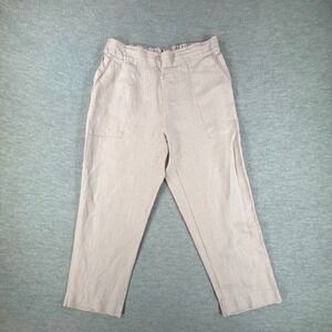 Symple NYC Linen Pants M Tan Crochet Trim Elastic Waist Trousers Lagenlook Boho